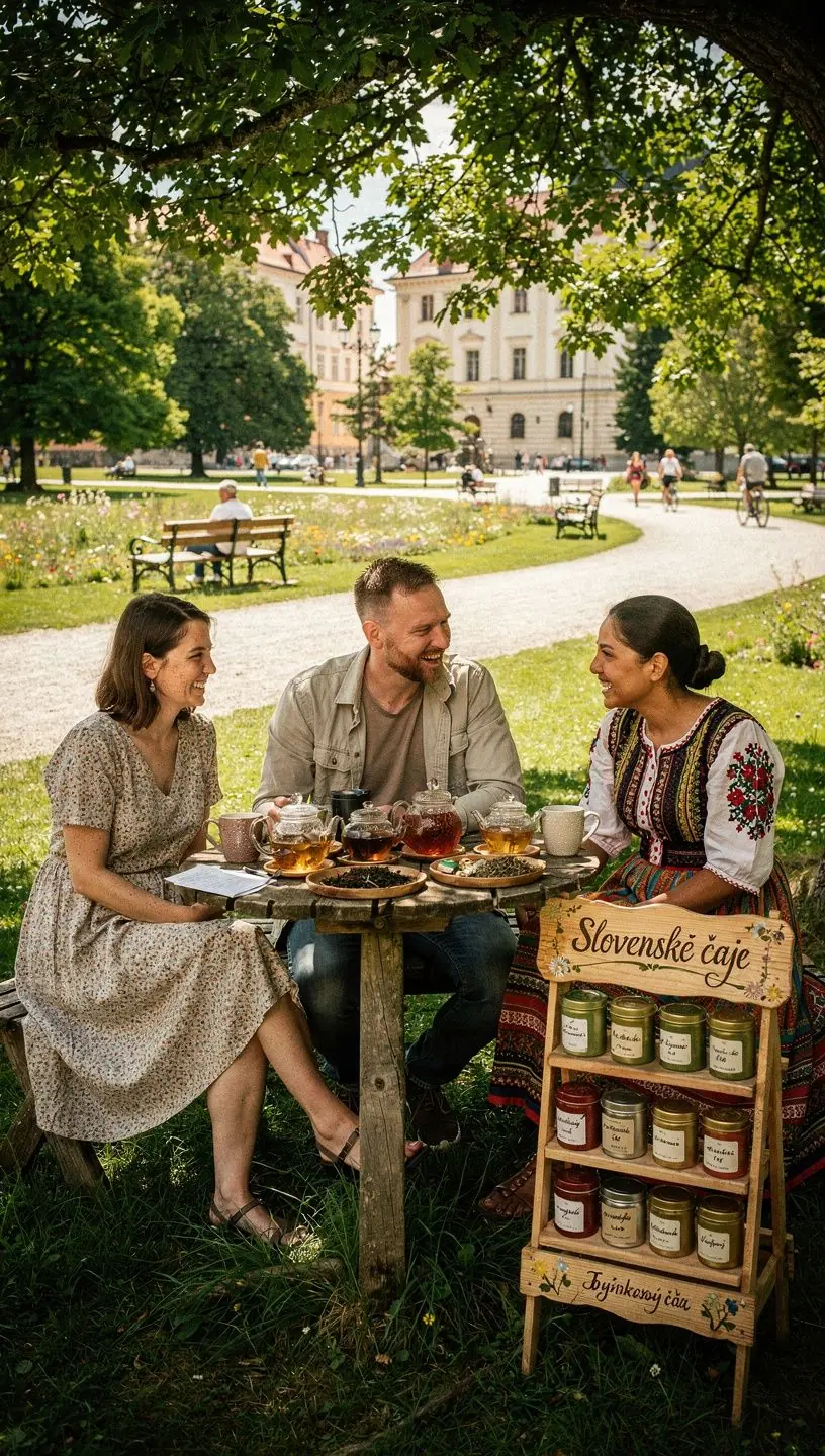 Klasická čajová súprava s keramickými šálkami, obklopená prírodnými ingredienciami.
